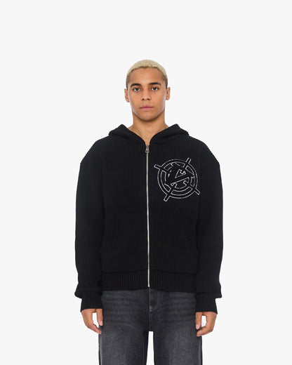 V-LOGO KNIT ZIP HOODIE BLACK - VICINITY