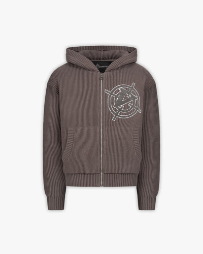 V-LOGO KNIT ZIP HOODIE MUD BROWN - VICINITY