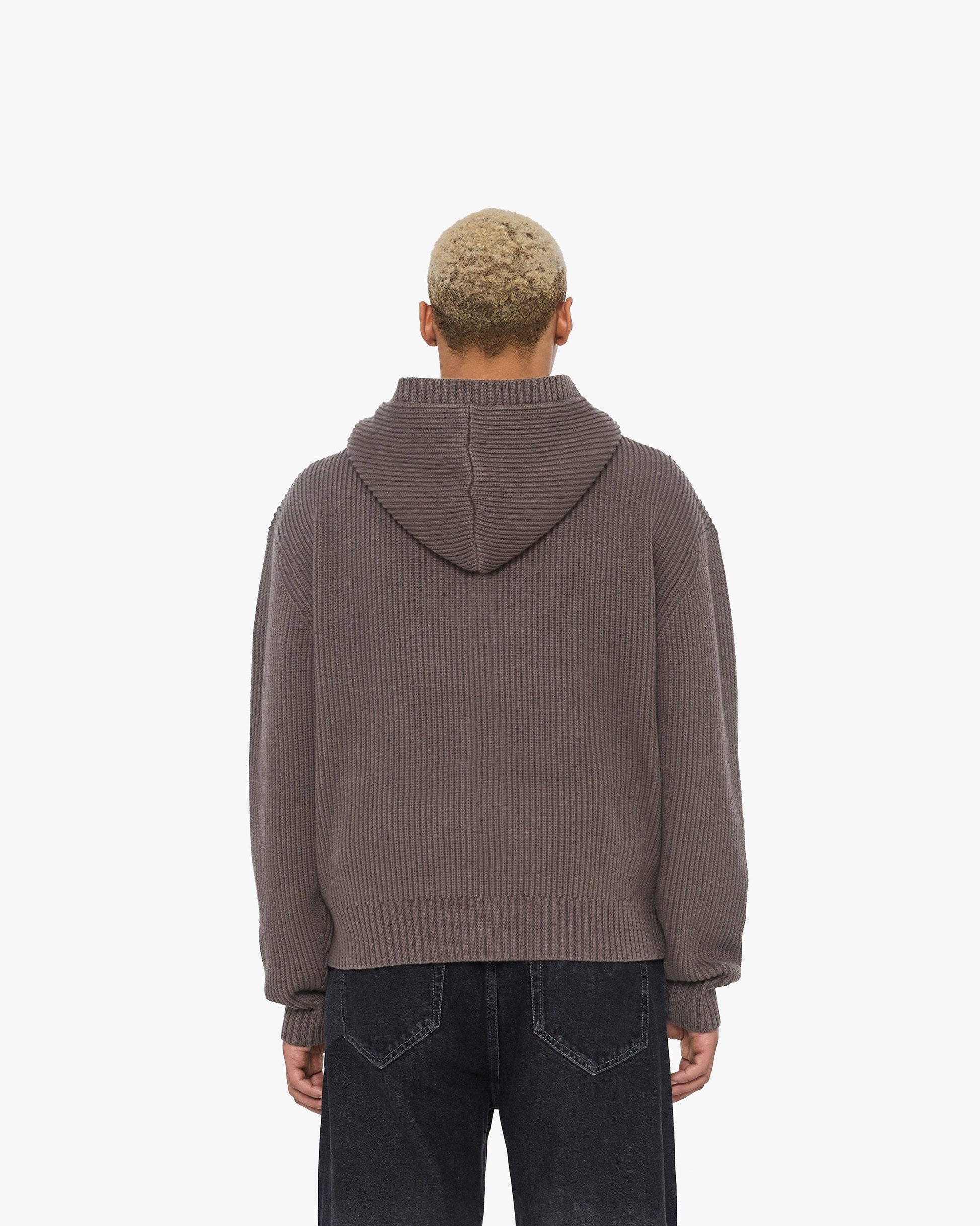 V-LOGO KNIT ZIP HOODIE MUD BROWN - VICINITY