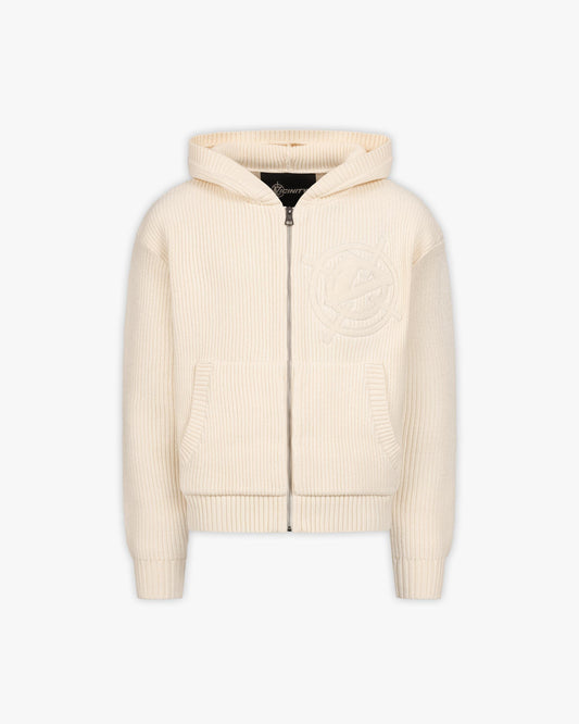 V-LOGO KNIT ZIP HOODIE BEIGE - VICINITY