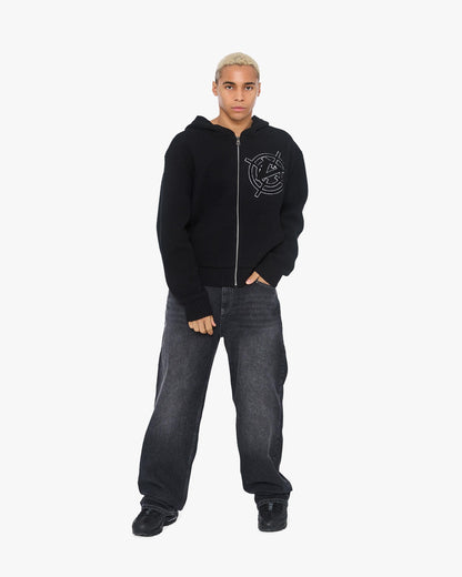 V-LOGO KNIT ZIP HOODIE BLACK - VICINITY