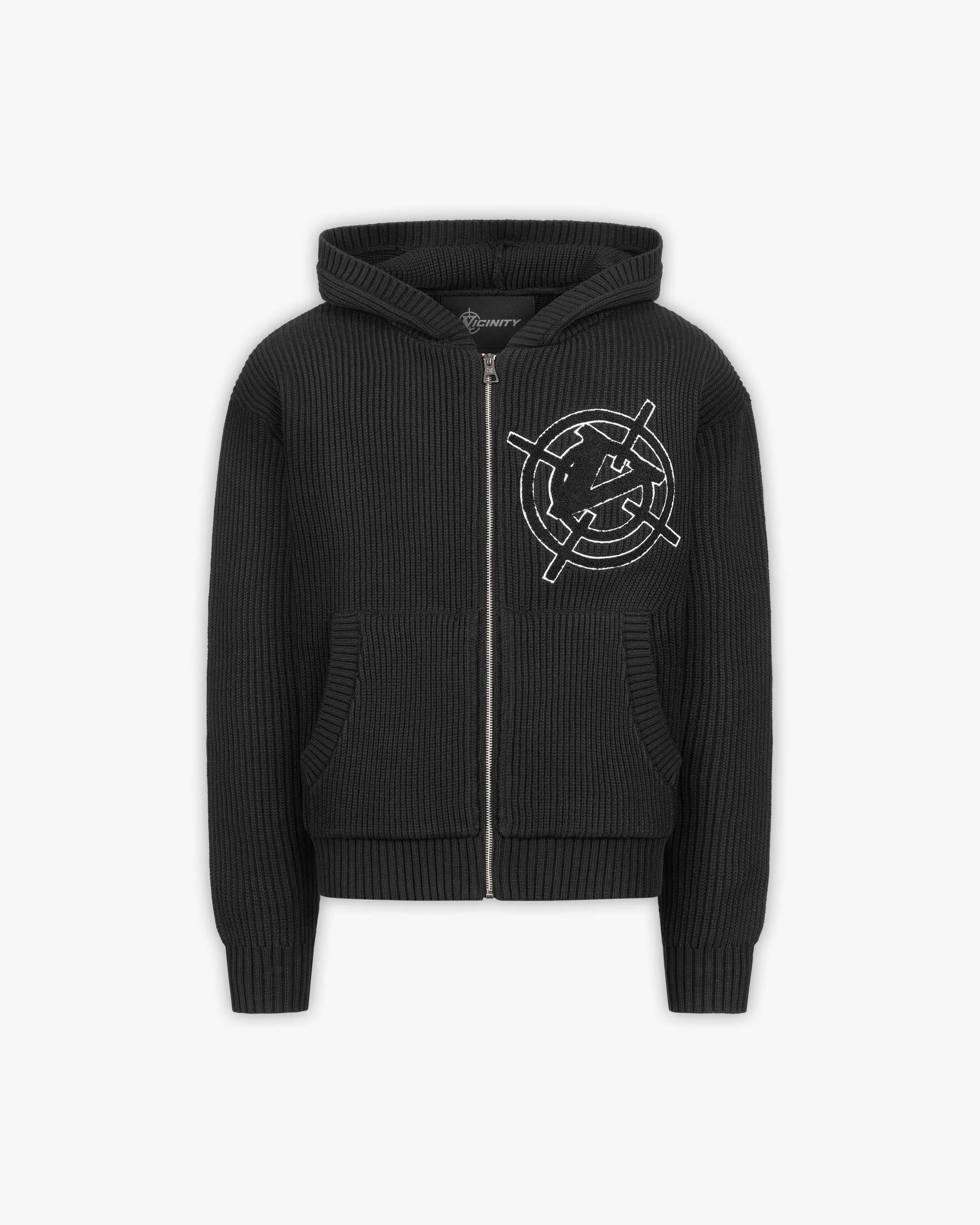 V-LOGO KNIT ZIP HOODIE BLACK - VICINITY