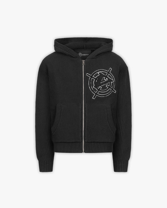 V-LOGO KNIT ZIP HOODIE BLACK - VICINITY