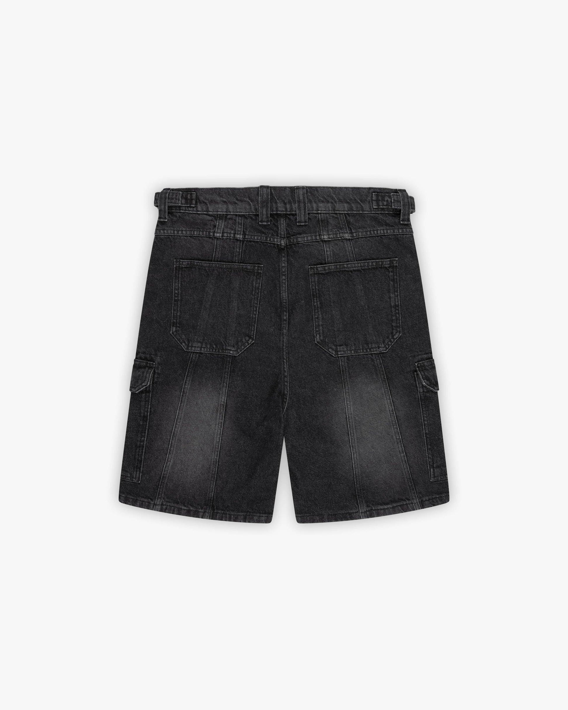 WASHED BLACK DENIM CARGO JORTS - VICINITY