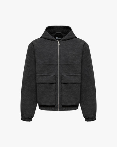 SCRIPT LOGO LEATHER JACKET TAR BLACK
