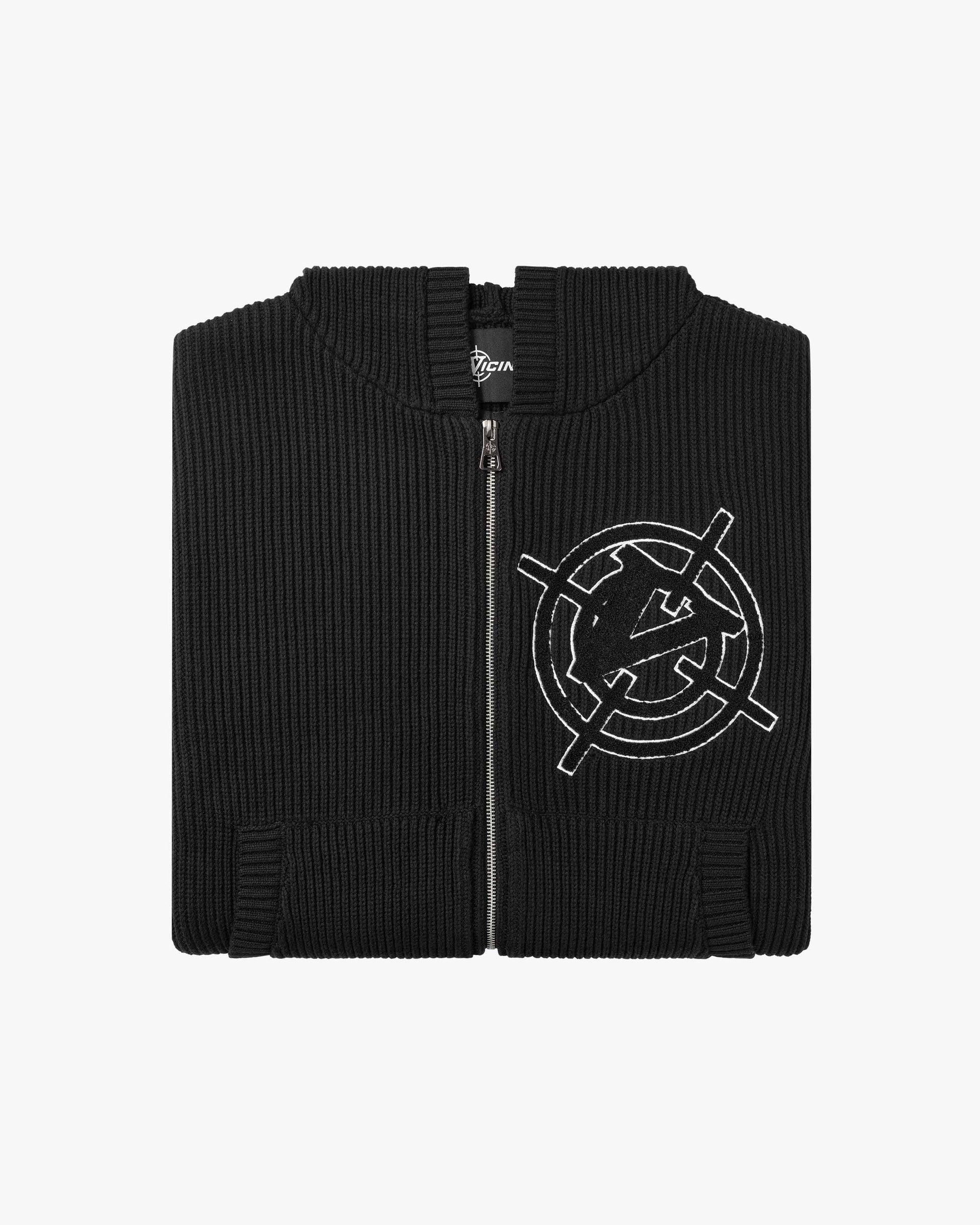 V-LOGO KNIT ZIP HOODIE BLACK - VICINITY